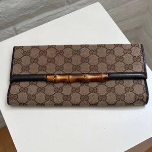 Gucci Brown GG Monogram Continental Wallet with Bamboo Bar